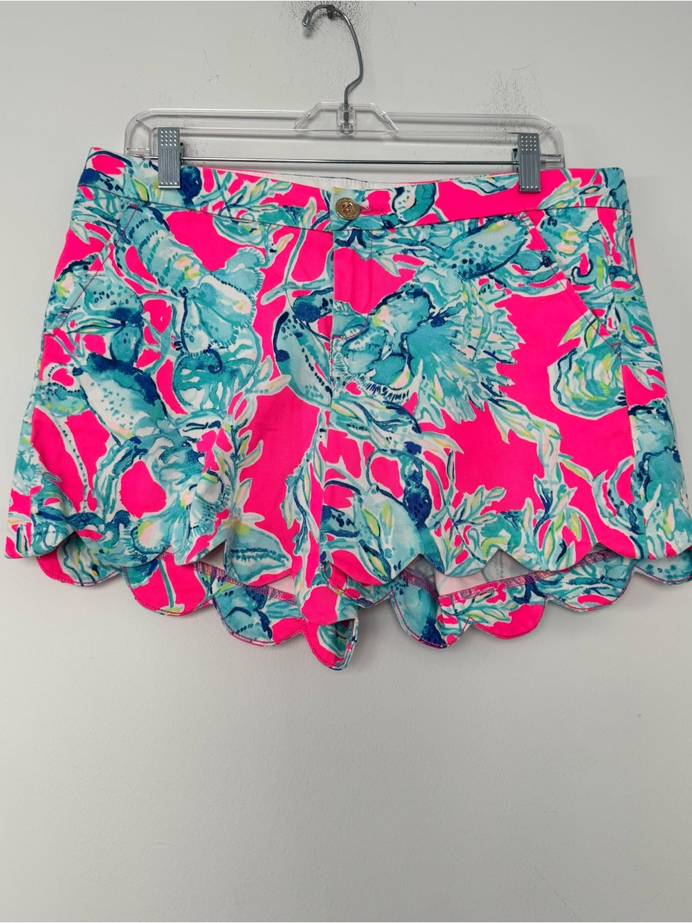 Lilly Pulitzer Buttercup Stretch Shorts 8 Pink Blue Lobster Shell Cotton Blend